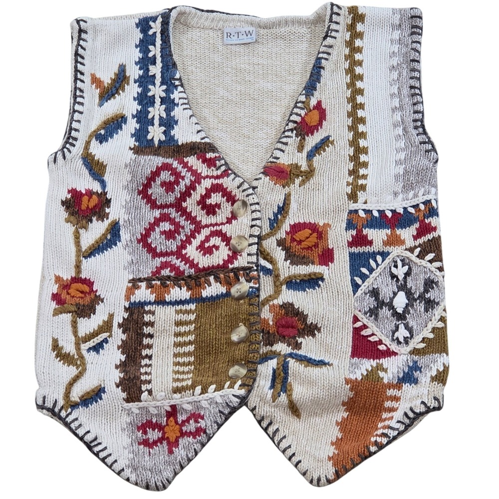 VTG RTW Ready to Wind Down Women's Knit Vest Boho‎ Patchwork Floral Autumn Fall